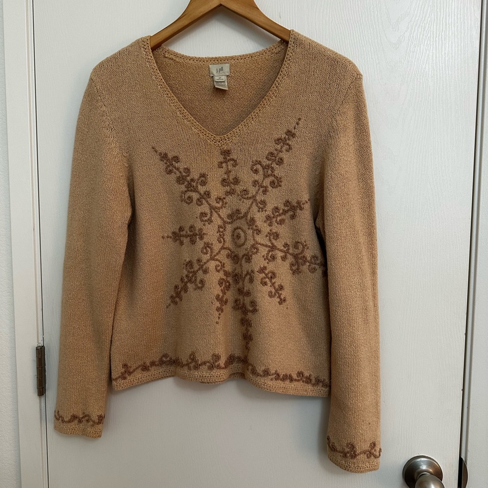 J. Jill Tan V-Neck Sweater with Brown Embellishments